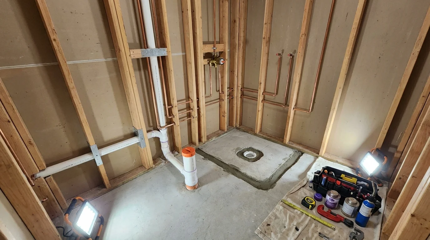 Bathroom rough-in plumbing during remodel by Johns Plumbing LLC in Palmyra